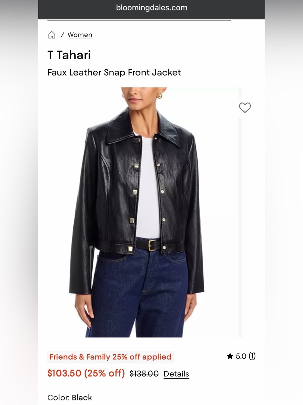 Tahari Black Faux Leather Snap-Front Jacket